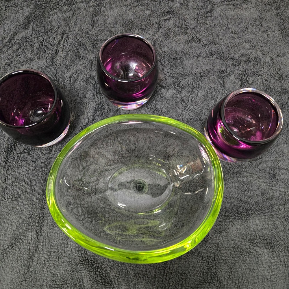 Walther Glas German Art Glass Bowl Lime Green Rim & 3 Purple Votive Holders Set